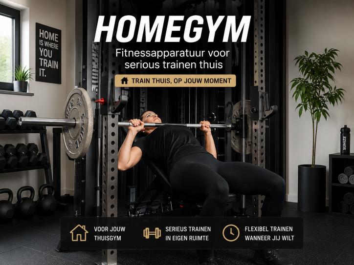 Homegym met SQMIZE® krachtstation en trainingsbank voor krachttraining thuis